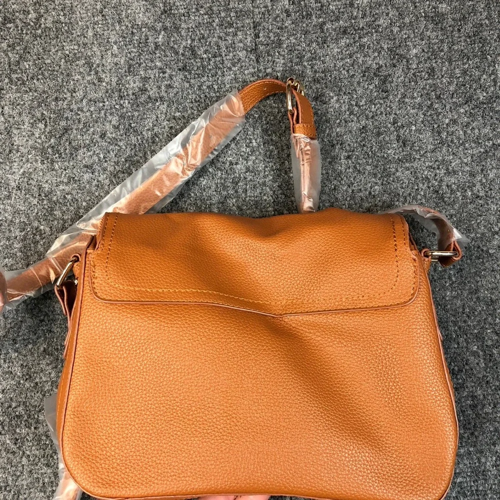 Loulu Tan Pebbled Faux Leather Foldover Crossbody Bag Gold Logo Strap‎
